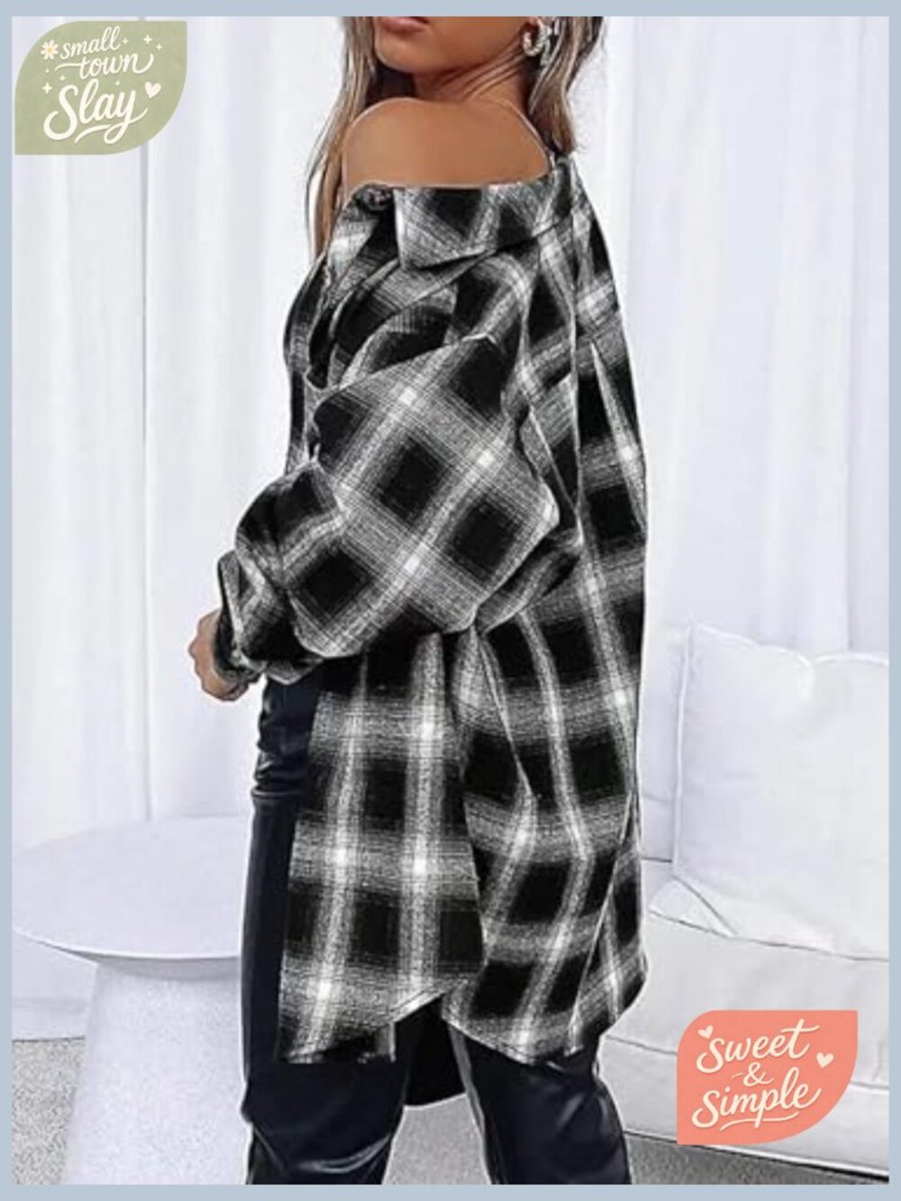 Oversized Button Down Flannel Shacket Long Sleeve Plaid Blouse - Picture 4 of 7